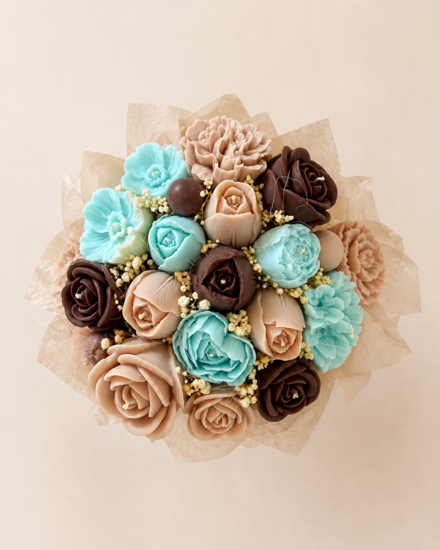 Duży flower box ze świecami sojowymi w odcieniach błękitu i brązu