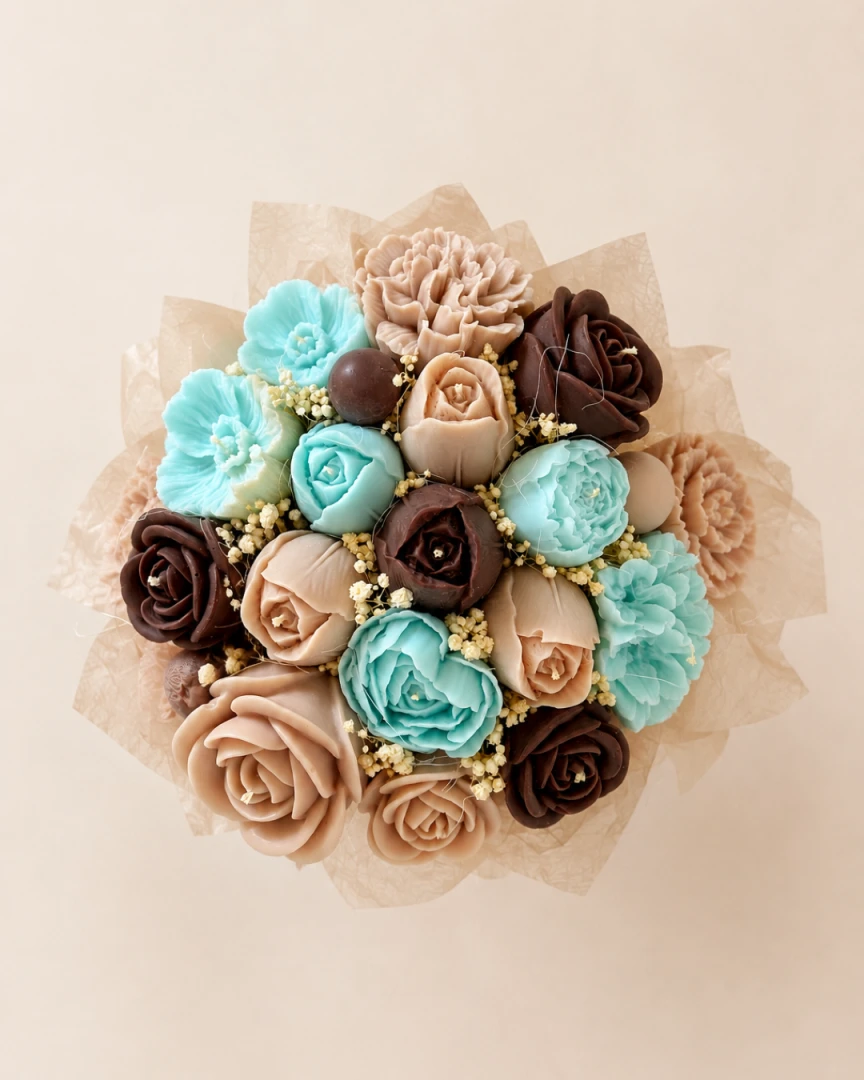 Duży flower box ze świecami sojowymi w odcieniach błękitu i brązu