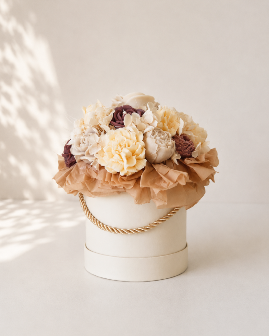 Brązowo-kremowy bukiet ze świec sojowych w eleganckim flower boxie