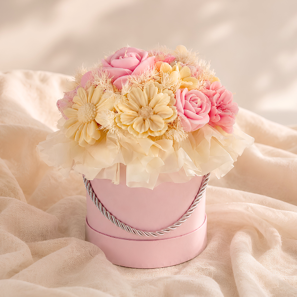 Ręcznie wykonany wieczny bukiet ze świec sojowych w różowym flower boxie na jasnym tle – elegancki prezent od Candy Candles